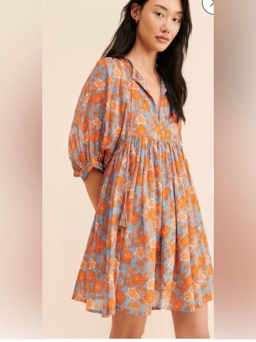 Sundry Orange and Blue Floral Puff-Sleeve Mini Dress - Picture 2 of 6